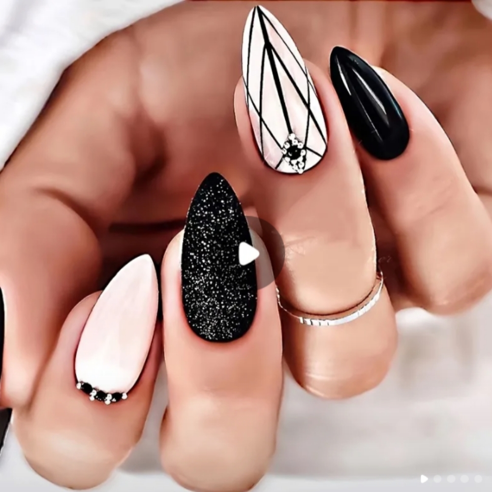 New Sexy Black and White Almond Press on Nails